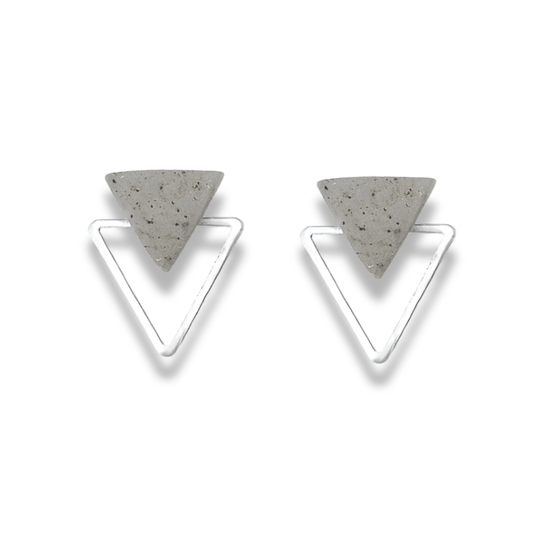 Grey Stone & Silver Triangle Dual-Layer Stud Earrings – Geometric Minimalist Collection