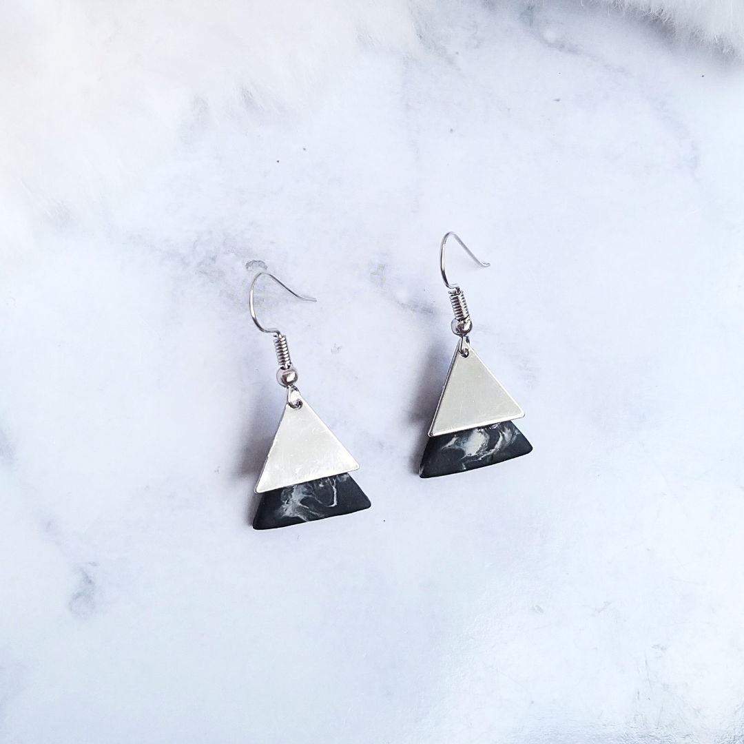White Marble With Golden Dual Triangle Polymer Clay Earrings