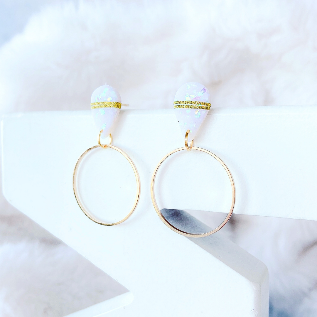 White Stone Speckled Teardrop Clay Earrings with Silver Metallic Hoops