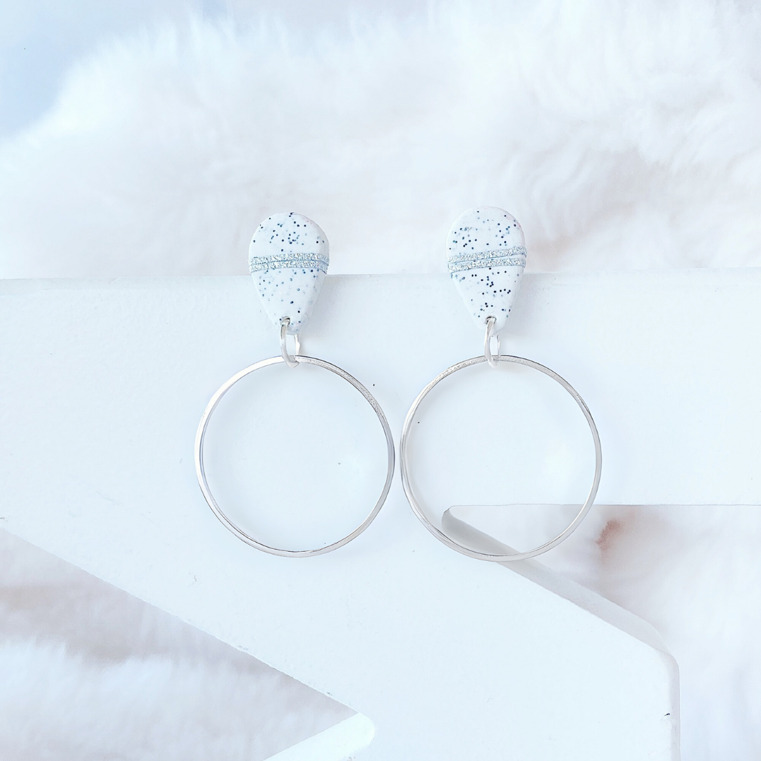 White Stone Speckled Teardrop Clay Earrings with Silver Metallic Hoops