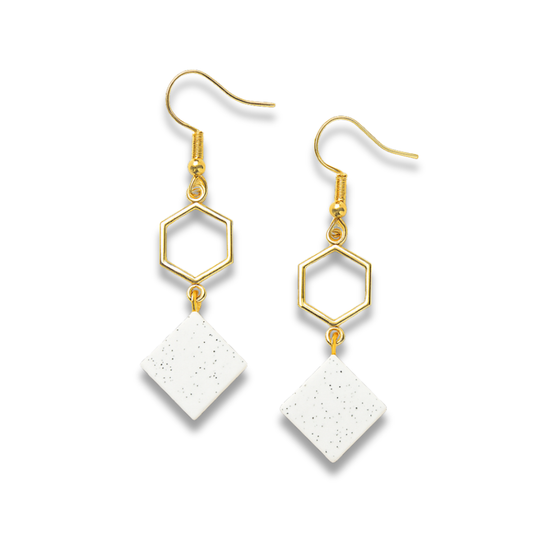 Golden Hexagon Polymer Clay Dangle Surgical Steel Earrings