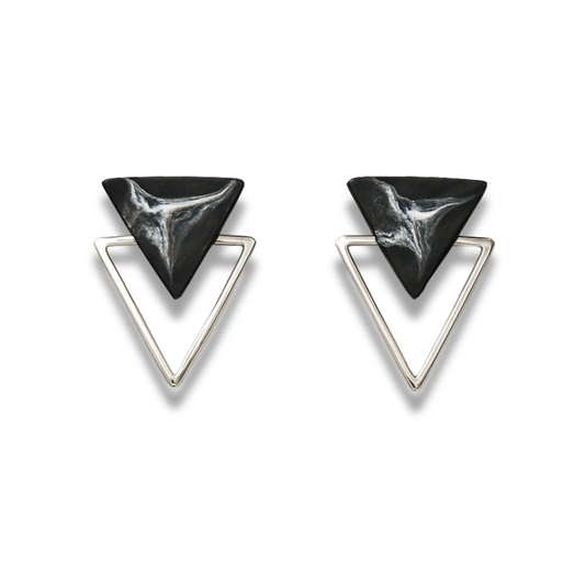 Black Marble & Silver Frame Triangle Minimalist Earrings