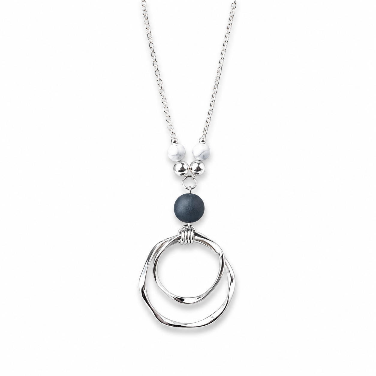 Modern Silver Circle Pendant Necklace | Marble Clay Stone Statement Necklace | Minimalist Handmade Jewellery