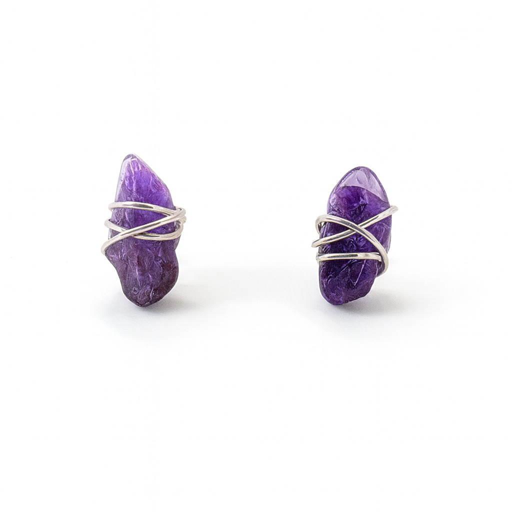 Wire Wrapped Raw Amethyst Gemstone Earrings