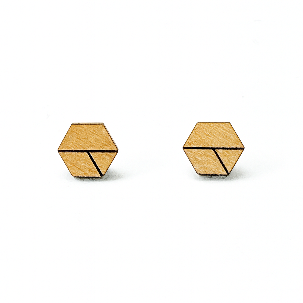 Wooden Geometric Pattern Hexagon Hypoallergenic Earring Studs
