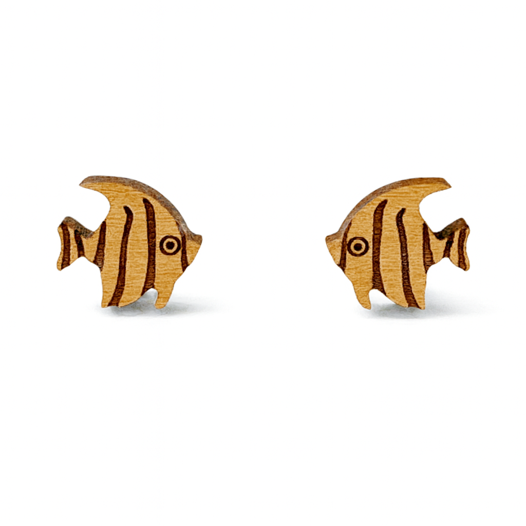 Wooden Tropical Fish Hypoallergenic Earring Studs - Round Fish