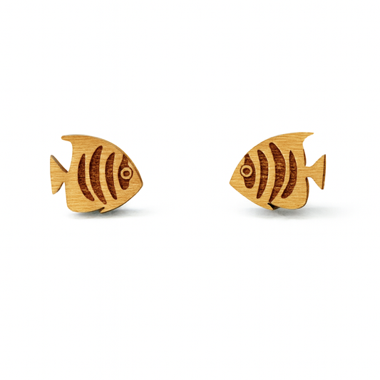 Wooden Tropical Fish Hypoallergenic Earring Studs - Round Fish