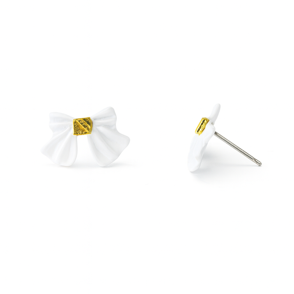 White Ribbon Bow Painted Metal Hypoallergenic Stud Earrings