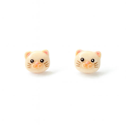 Adorable Beige Chubby Cat Hypoallergenic Earrings