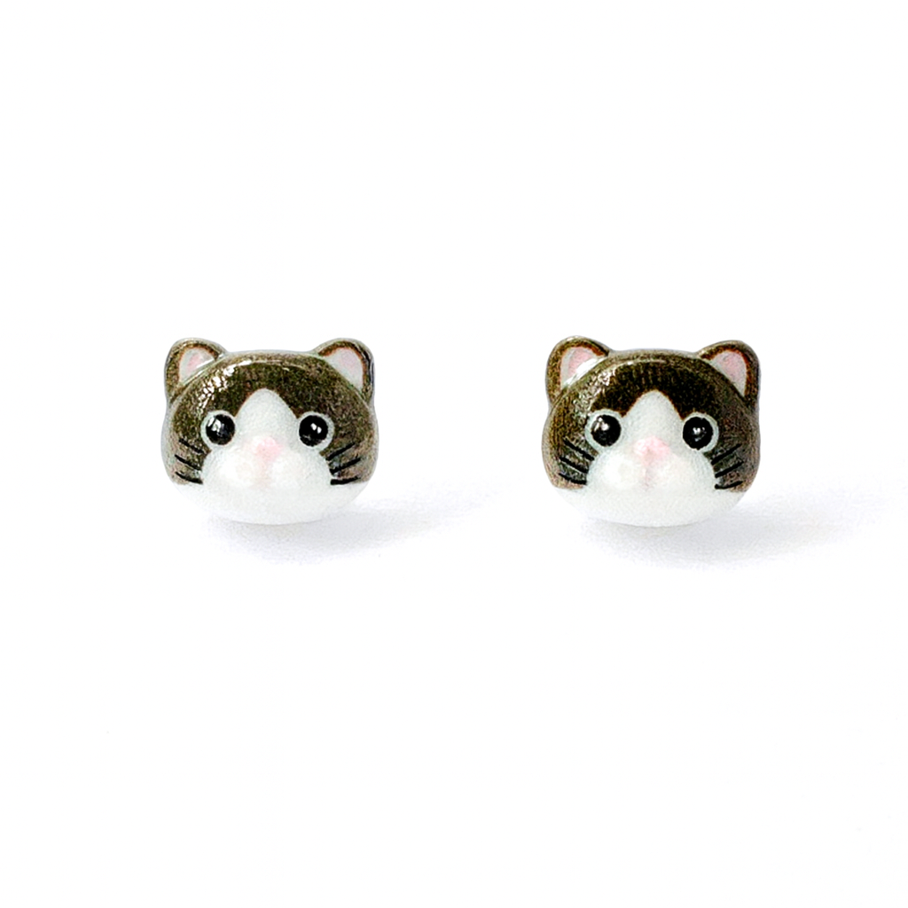 Adorable Black and White Chubby Cat Hypoallergenic Earrings