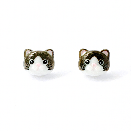 Adorable Black and White Chubby Cat Hypoallergenic Earrings