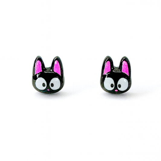 Pink Ear Black Cat Inspired Hypoallergenic Stud Earrings