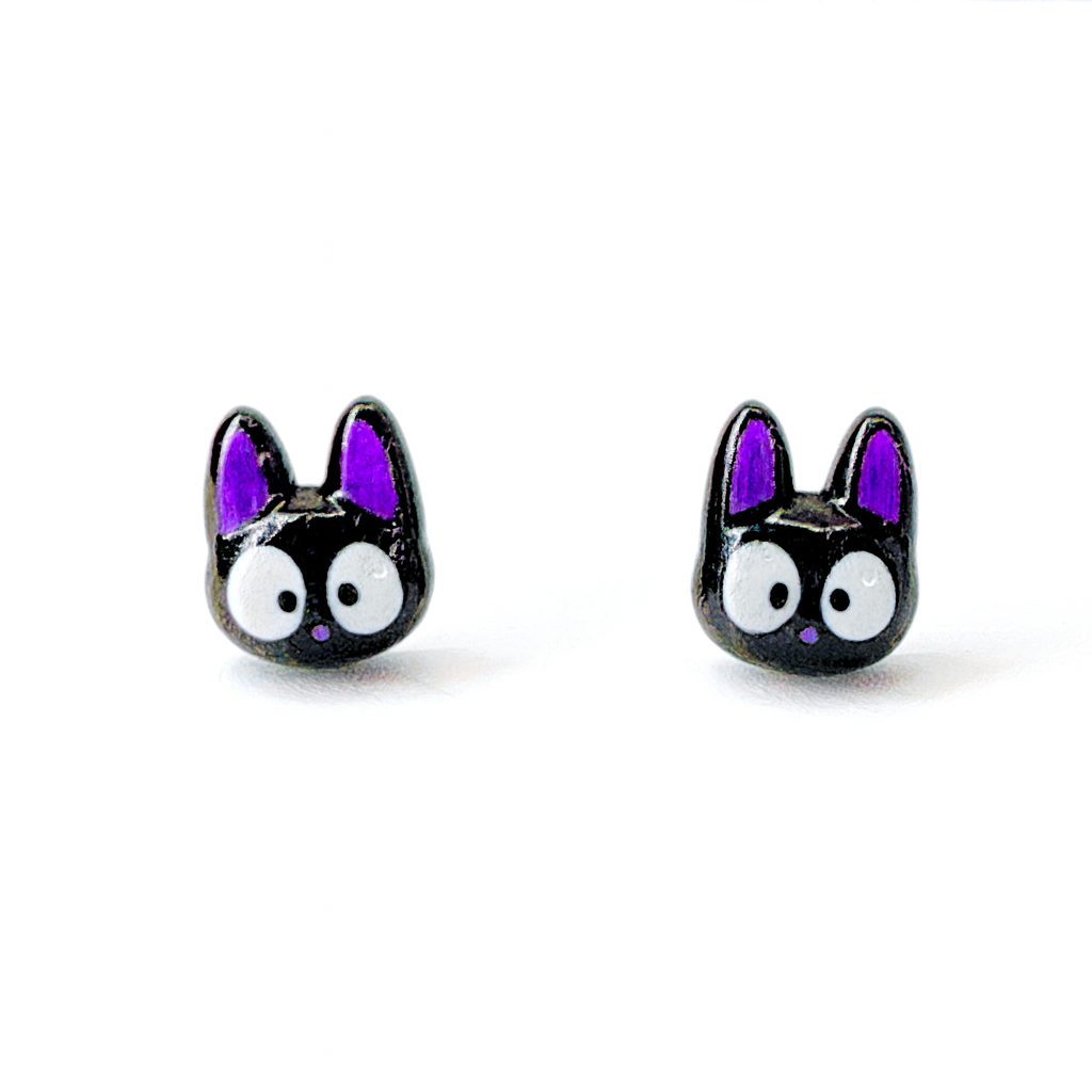 Yellow Ear Black Cat Inspired Hypoallergenic Stud Earrings