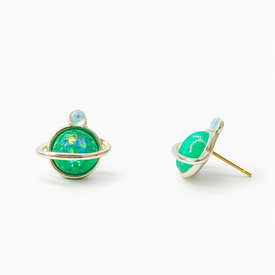 Green Glitter Galaxy Planet Hypoallergenic Stud Earrings