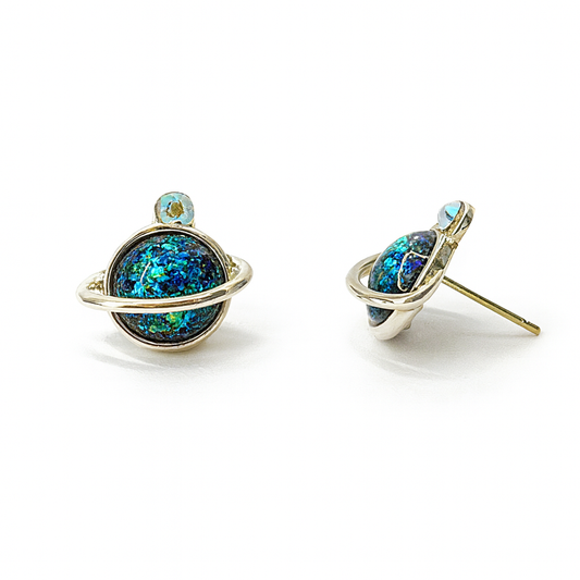 Symphony Blue Glitter Galaxy Planet Hypoallergenic Stud Earrings