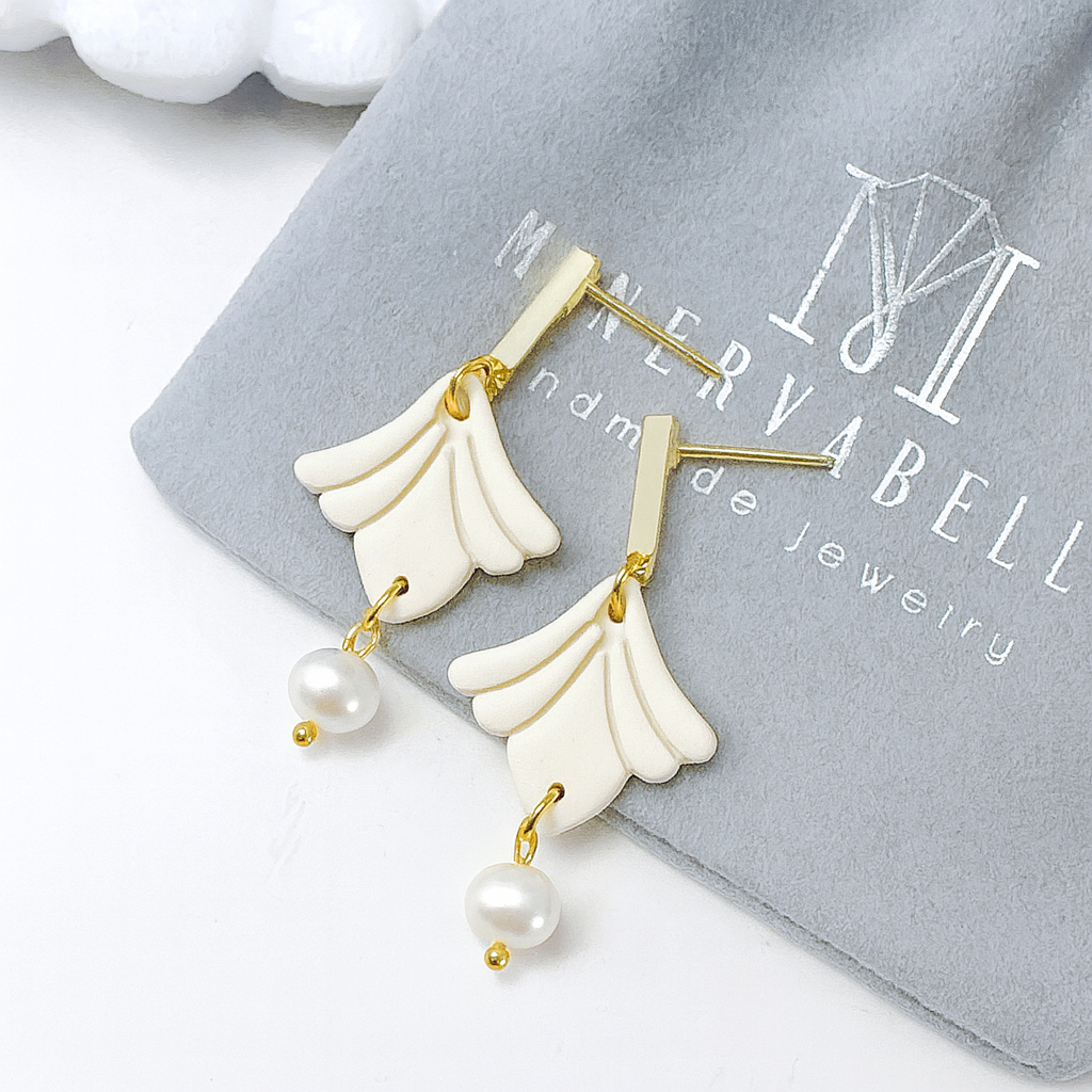 Coral Pink Ginkgo Petal Earrings with Freshwater Pearl – Elegant Collection