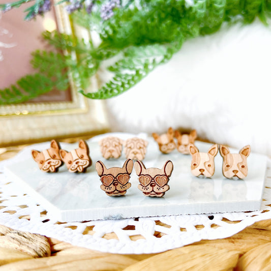 Wooden Bulldog Hypoallergenic Earring Studs