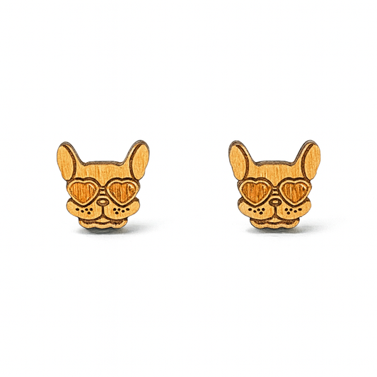 Wooden Sunglasses Bulldog Hypoallergenic Earring Studs