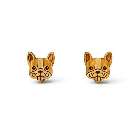 Wooden Funny Tongue Out Bulldog Hypoallergenic Earring Studs