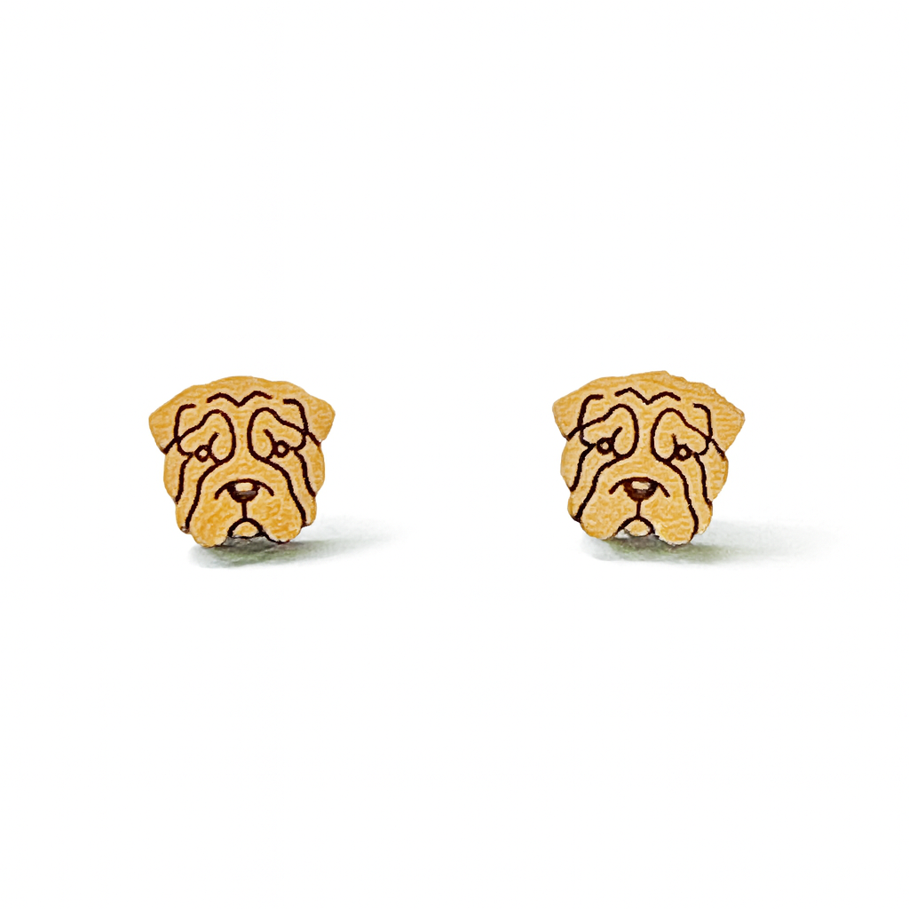 Wooden Shar Pei Dog Hypoallergenic Earring Studs
