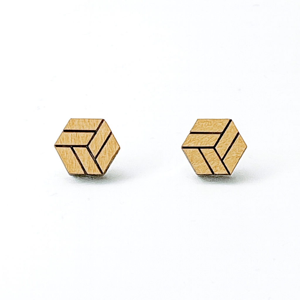 Wooden 3D Pattern Hexagon Hypoallergenic Earring Studs