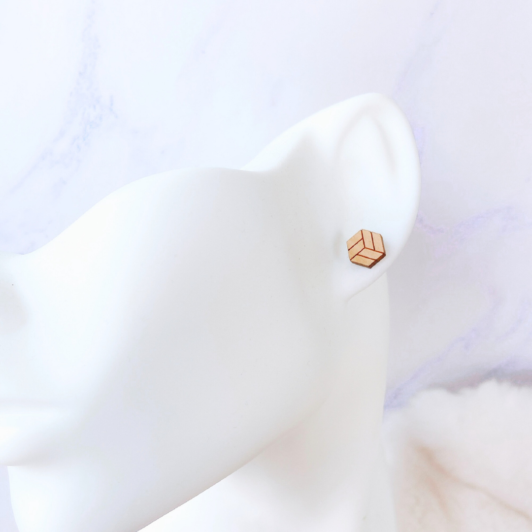 Wooden 3D Pattern Hexagon Hypoallergenic Earring Studs