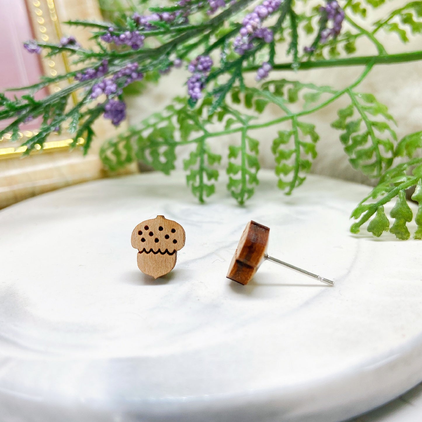 Wooden Acorn Hypoallergenic Earring Studs