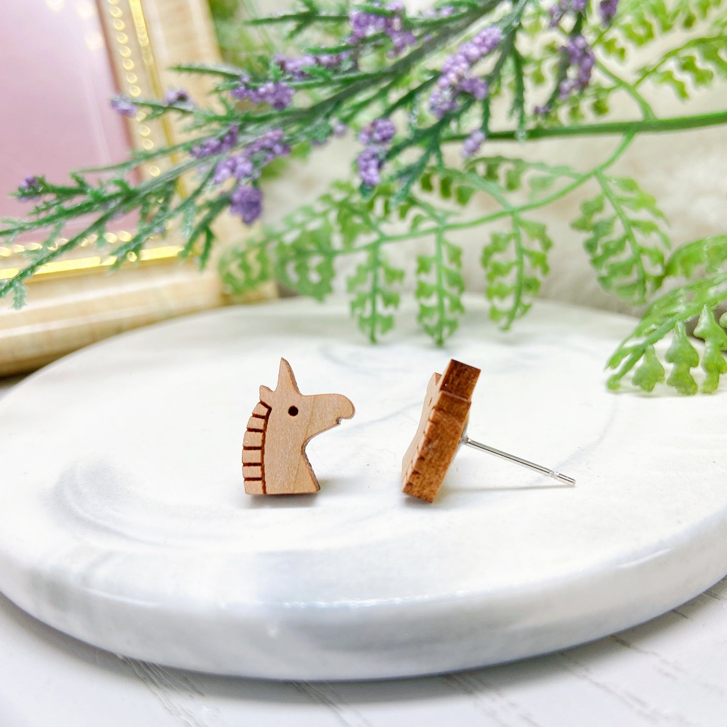 Wooden Unicorn Hypoallergenic Earring Studs