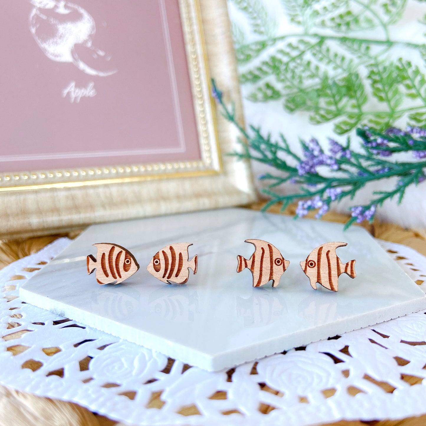 Wooden Tropical Fish Hypoallergenic Earring Studs - Angelfish