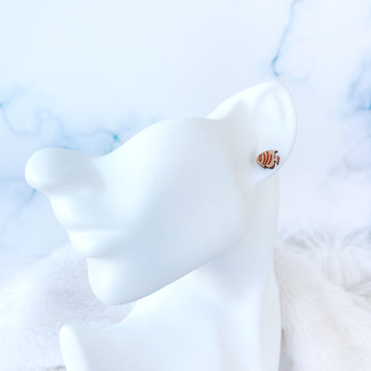 Wooden Tropical Fish Hypoallergenic Earring Studs - Round Fish