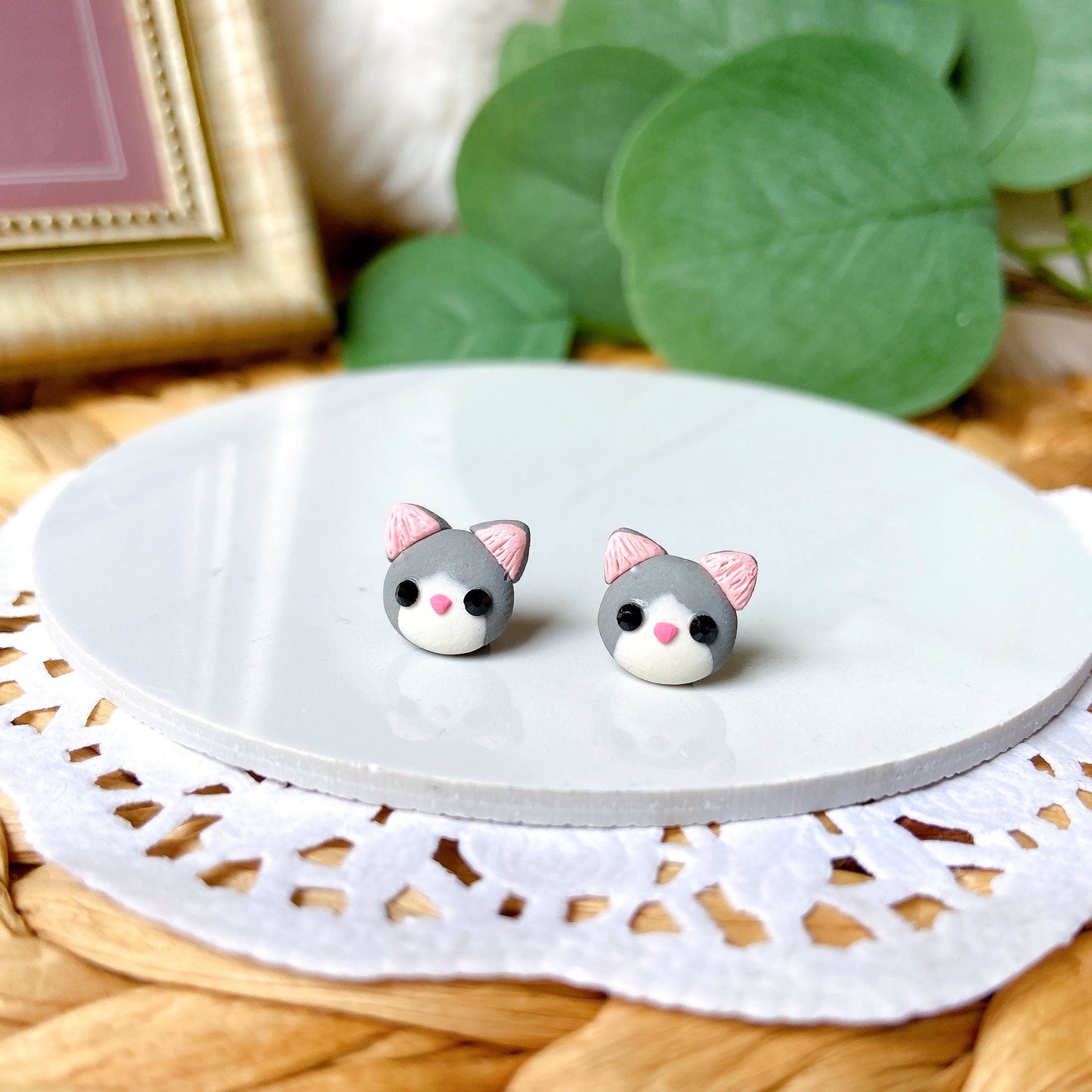 Rhinestone Kitten Cat Polymer Clay Hypoallergenic Stud Earrings
