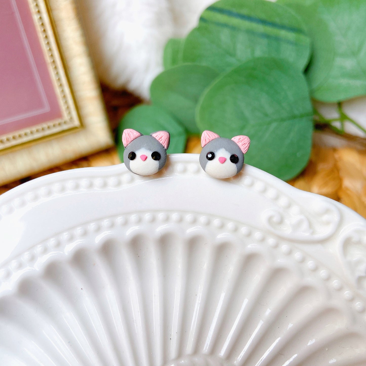 Rhinestone Kitten Cat Polymer Clay Hypoallergenic Stud Earrings