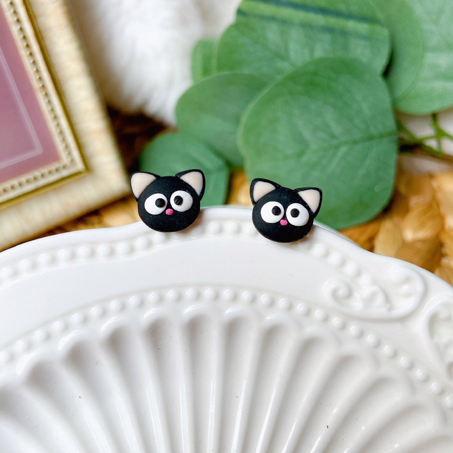Black Cat Polymer Clay Hypoallergenic Stud Earrings