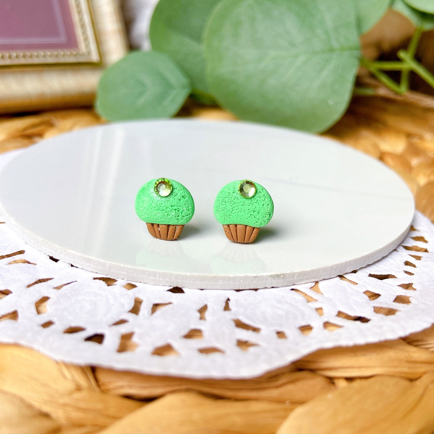 Green Cupcake Polymer Clay Hypoallergenic Stud Earrings