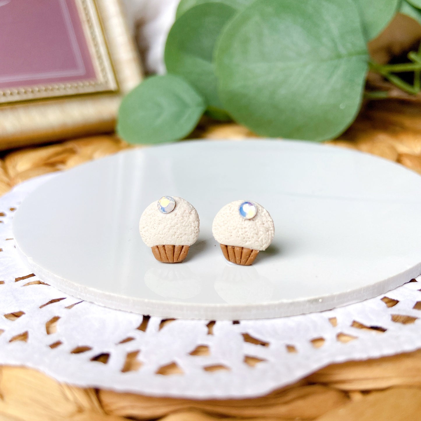 Ivory Cupcake Polymer Clay Hypoallergenic Stud Earrings