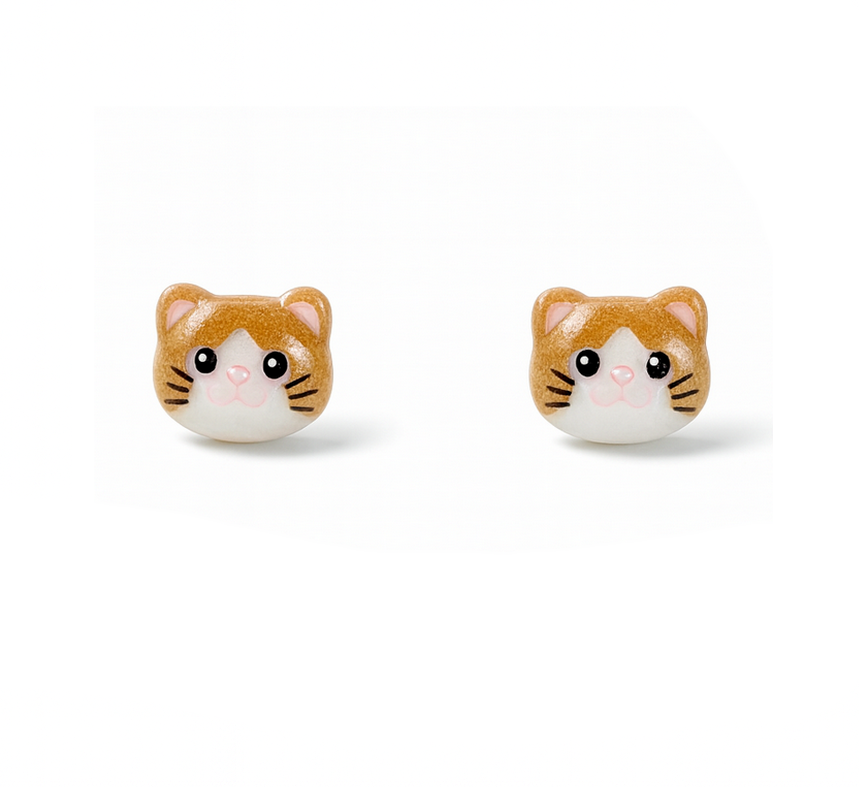 Adorable Brown Chubby Cat Hypoallergenic Earrings