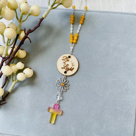 Orange Pink Beaded Glass Crystal Cross with Bible Message Car Hanging Charm