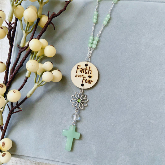 Light Green Beaded Glass Crystal Cross with Bible Message Car Hanging Charm