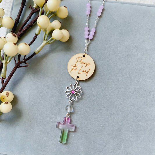 Purple Green Beaded Glass Crystal Cross with Bible Message Car Hanging Charm