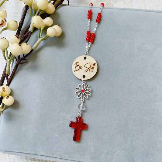 Red Beaded Glass Crystal Cross with Bible Message Car Hanging Charm