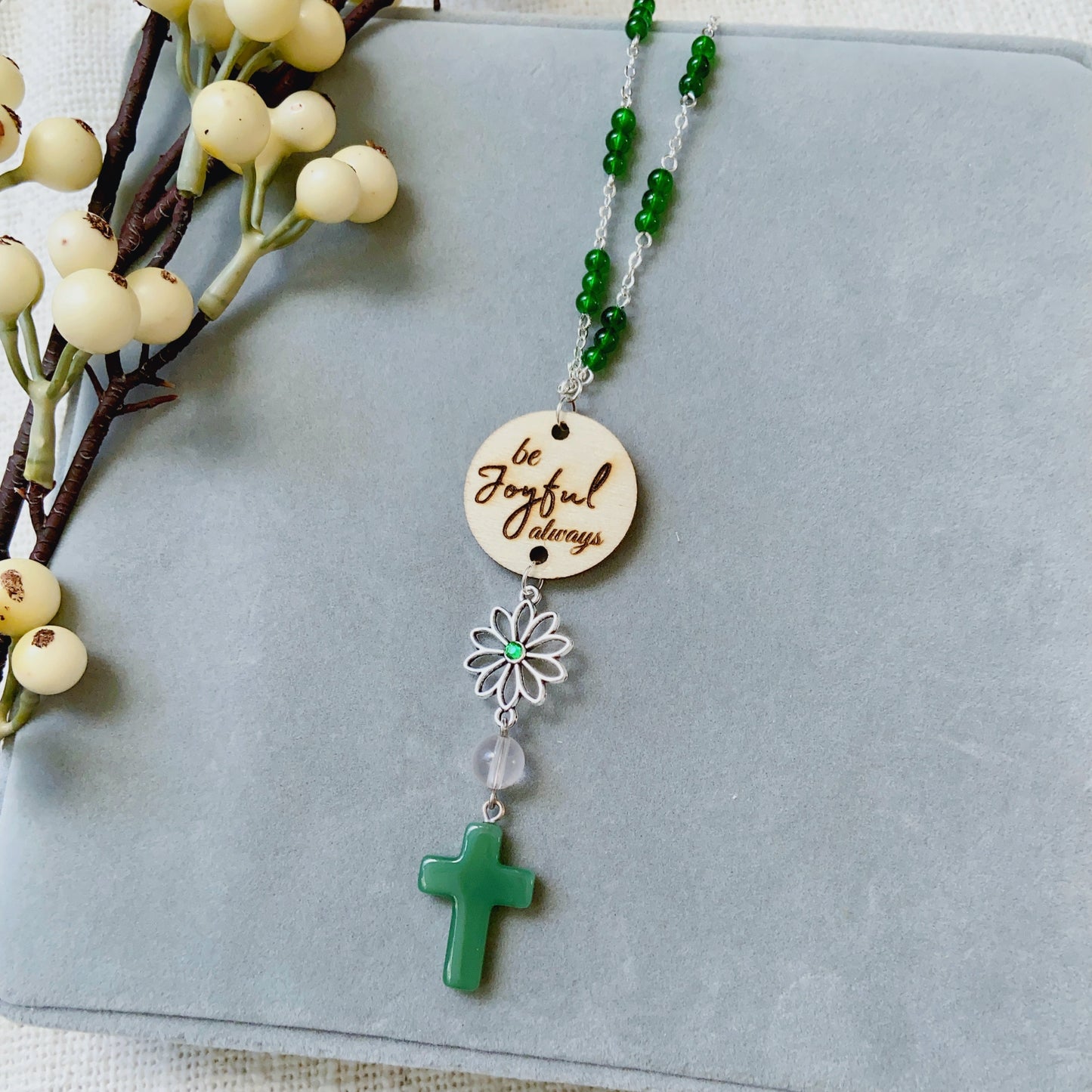Violet Green Beaded Glass Crystal Cross with Bible Message Car Hanging Charm