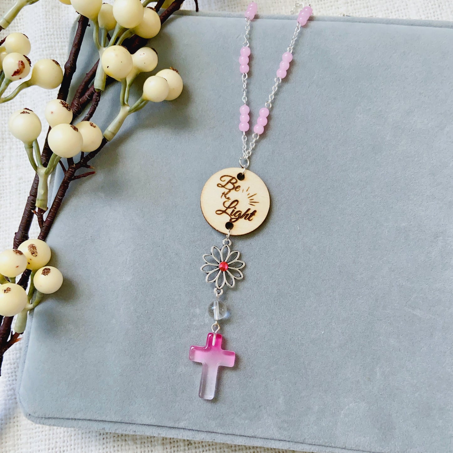 Violet Green Beaded Glass Crystal Cross with Bible Message Car Hanging Charm