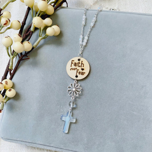 Iridescent White Beaded Glass Crystal Cross with Bible Message Car Hanging Charm