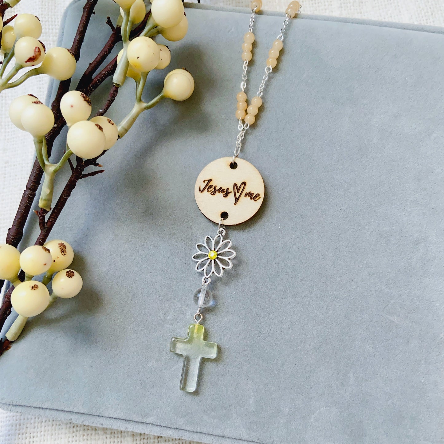 Violet Green Beaded Glass Crystal Cross with Bible Message Car Hanging Charm