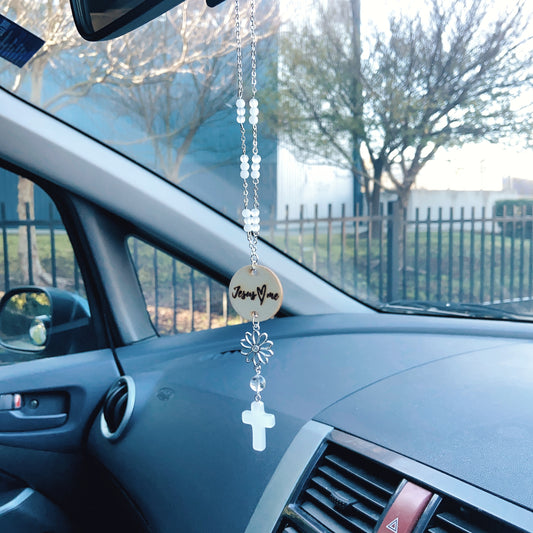 Black Beaded Glass Crystal Cross with Bible Message Car Hanging Charm