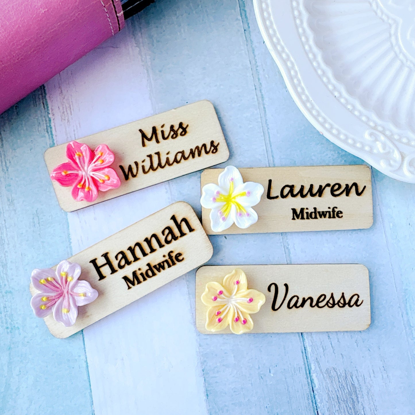 3D White Sakura Flower Personalized Name Tag