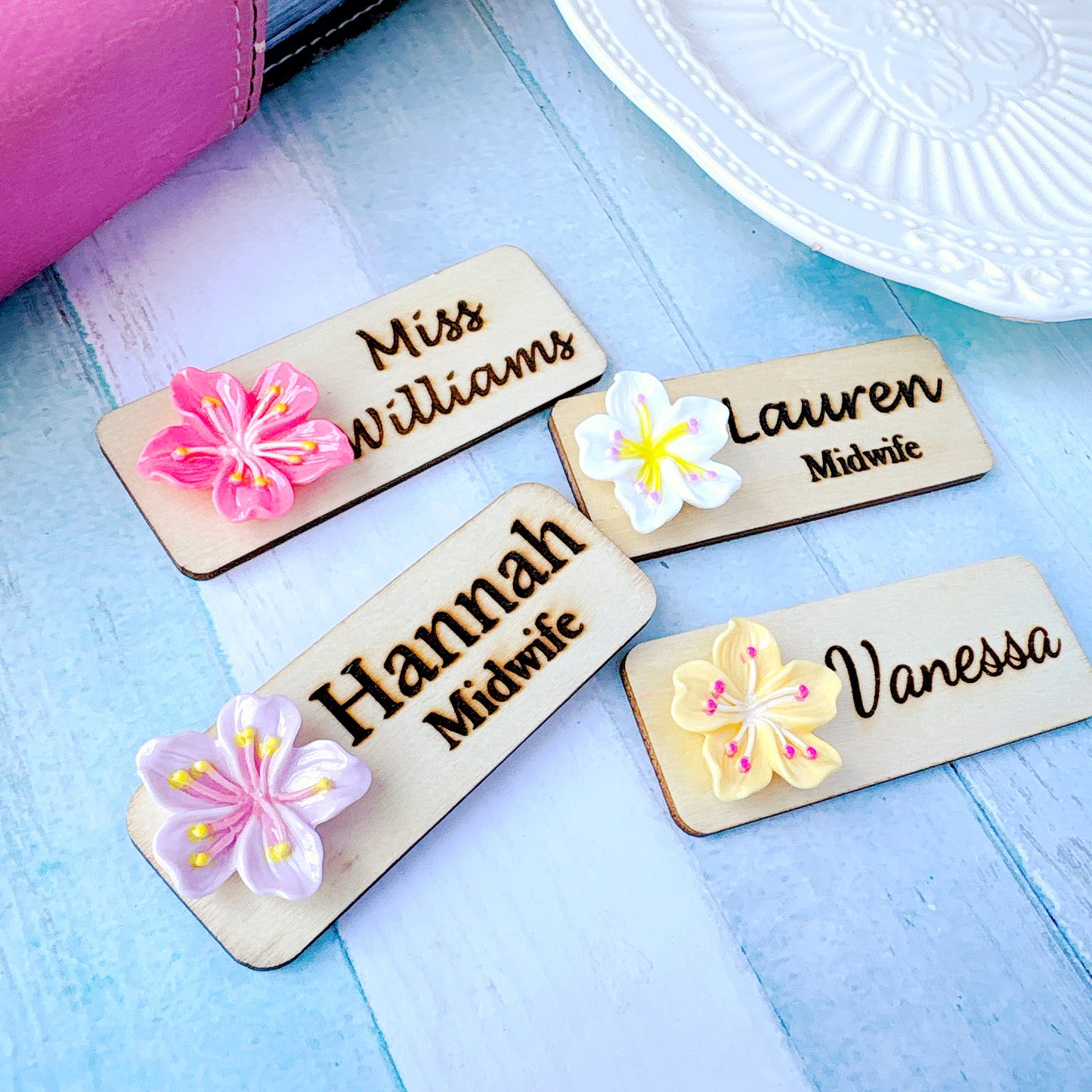 3D White Sakura Flower Personalized Name Tag