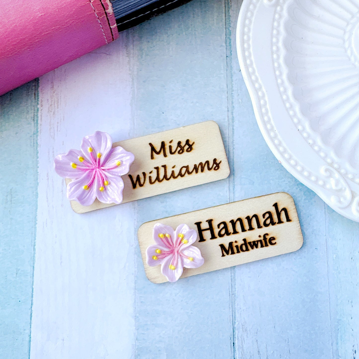 3D White Sakura Flower Personalized Name Tag