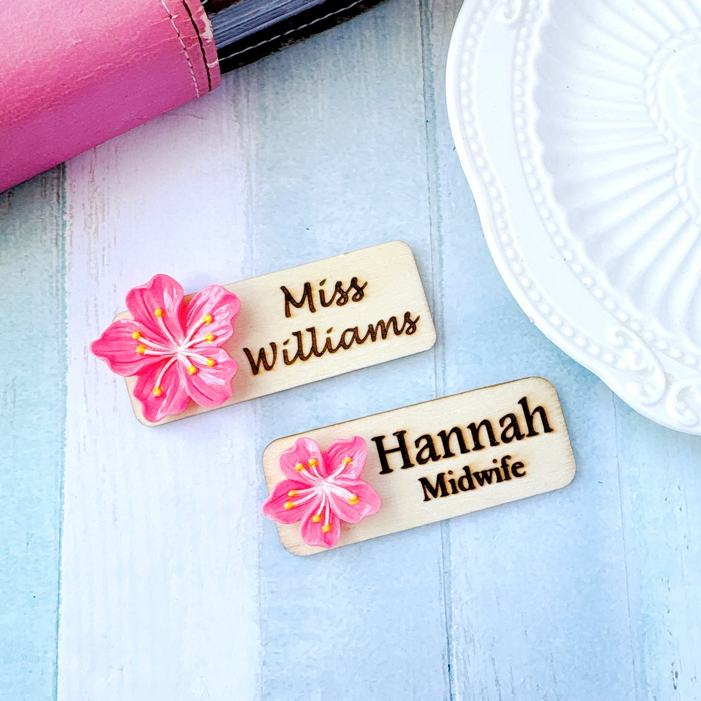 3D White Sakura Flower Personalized Name Tag