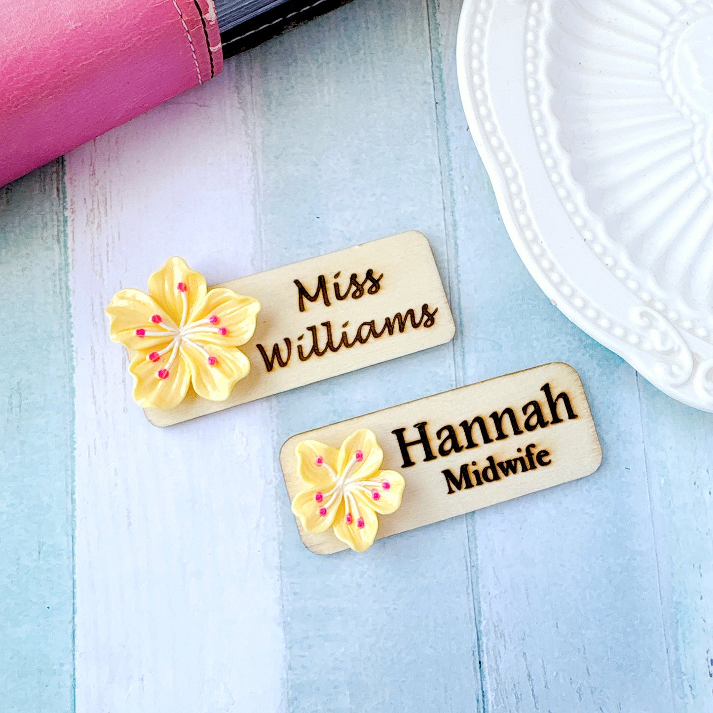 3D White Sakura Flower Personalized Name Tag
